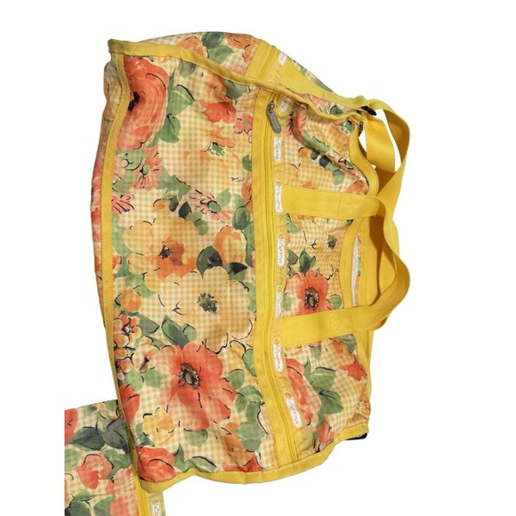 Vintage Lesportsac Yellow Orange Floral Weekender Duffel With Pouch - Picture 5 of 10